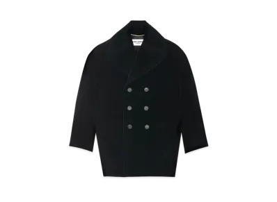 Saint Laurent Women's Cassandre Peacoat in Cotton Velvet "Noir"