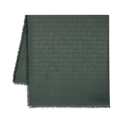 Saint Laurent Women's Sciarpa Logo Jacquard Sfrangiata "Dark Green"
