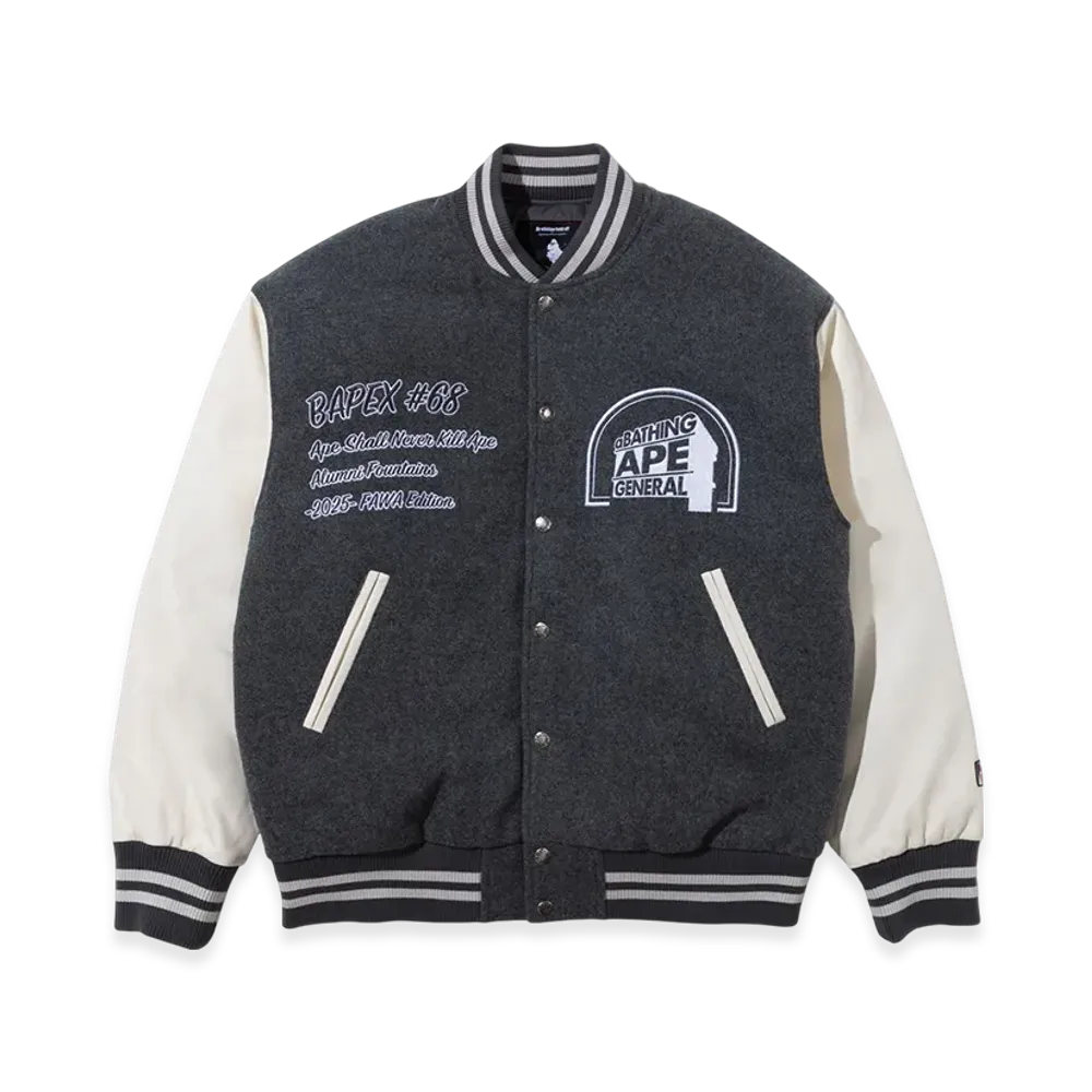A BATHING APE x KAZUKI KURAISHI Multi Logo Varsity Down Jacket "Gray"