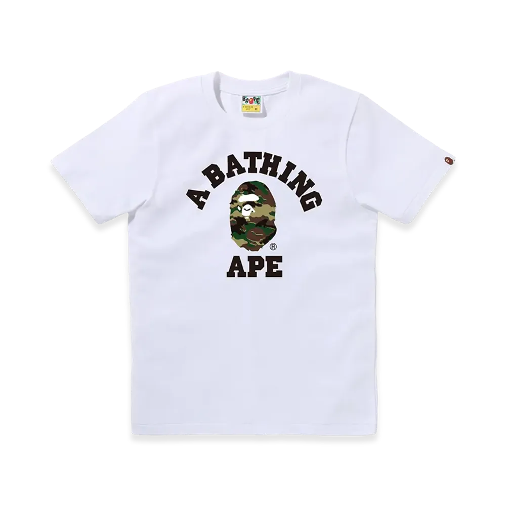 A BATHING APE Women's Glitch Woodland Camo College Tee "White/Green"