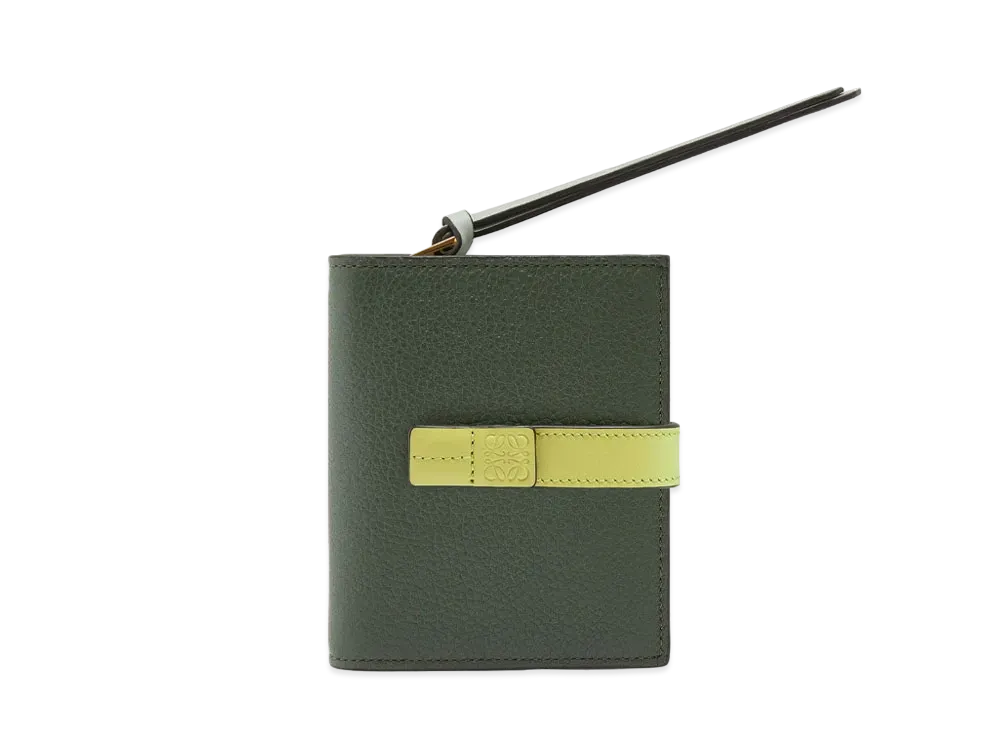 LOEWE Compact Zip Wallet In Soft Grained Calfskin "Vintage Khaki/Lime Yellow"