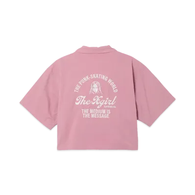 X-Girl Women's Arch Logo And Face Open Collar Cropped Shirt "Pink"
