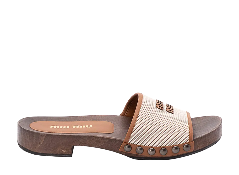 MIU MIU Women's Canvas Leather Clogs "Beige/Brandy"