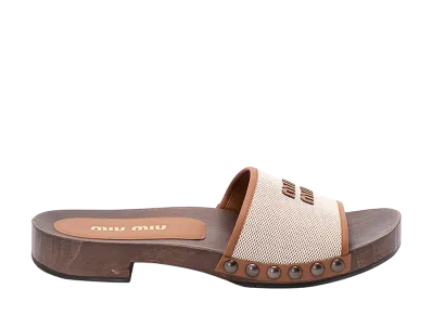 MIU MIU Women's Canvas Leather Clogs "Beige/Brandy"