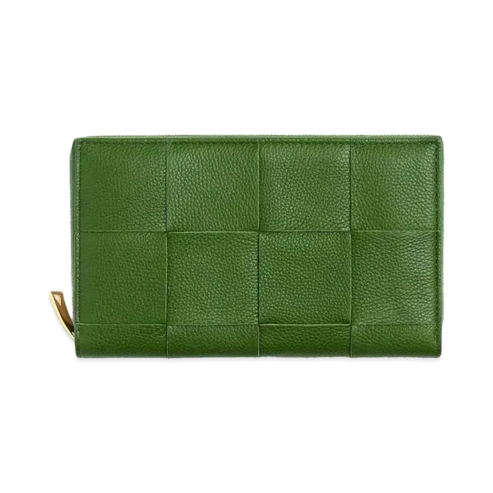 Bottega Veneta Casette Maxi Intrecciato Calfskin Bi-fold Zip Around Wallet "Avocado"