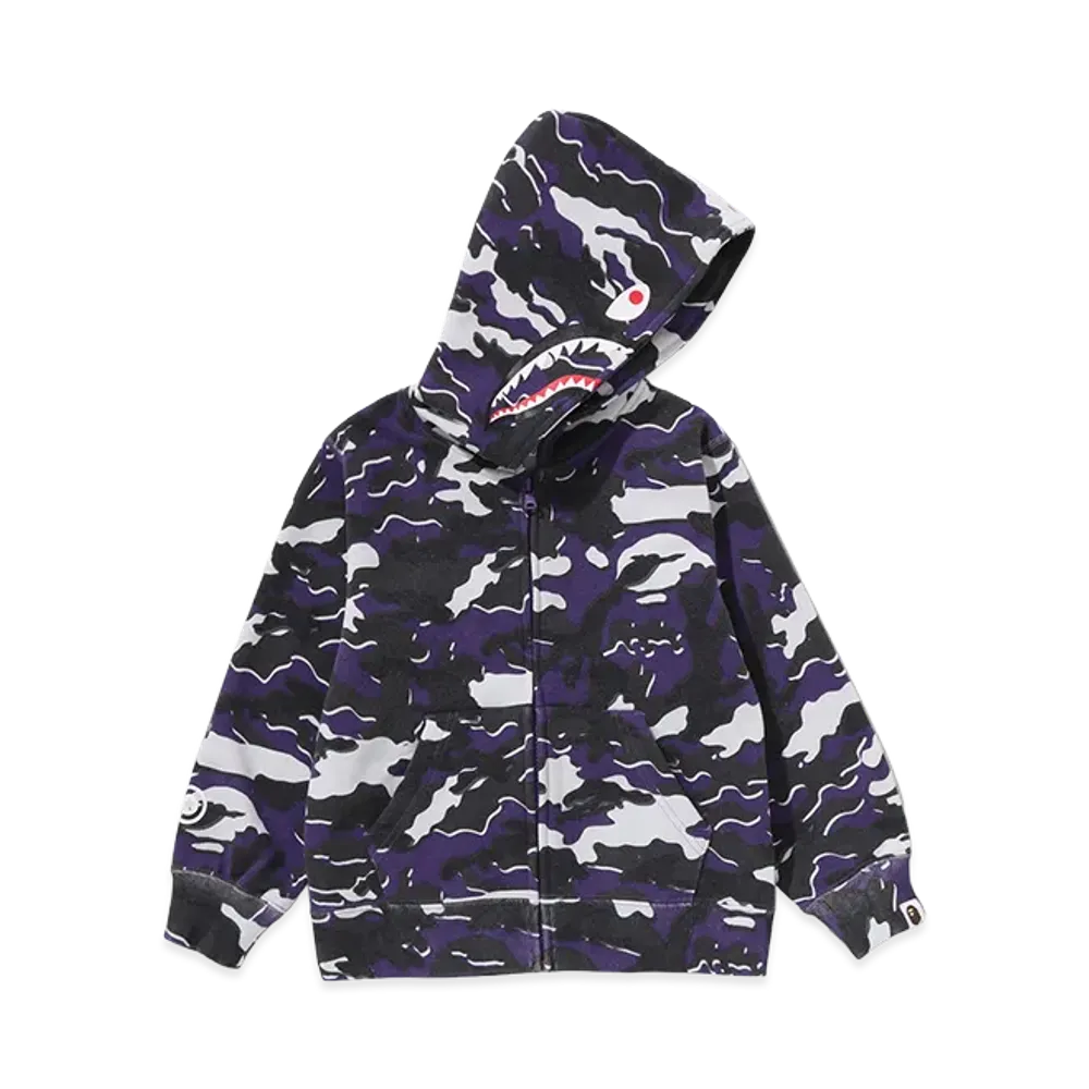 A BATHING APE Kids Glitch Woodland Camo Shark Zip Hoodie "Purple"