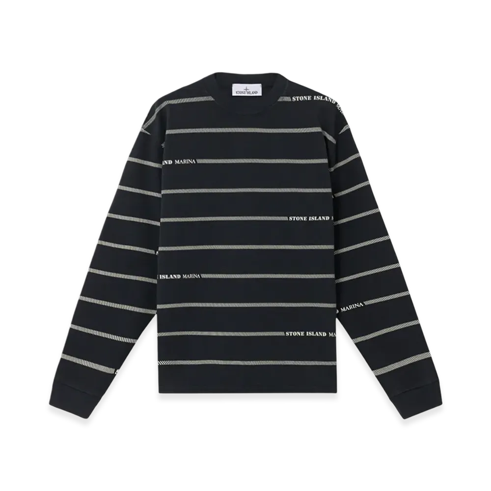 Stone Island 6100030 16/2 Combed Organic Cotton Jersey Stone Island Marina Oversized Fit Crewneck Sweatshirt with Stripes and Lettering - 25SS "Navy Blue"