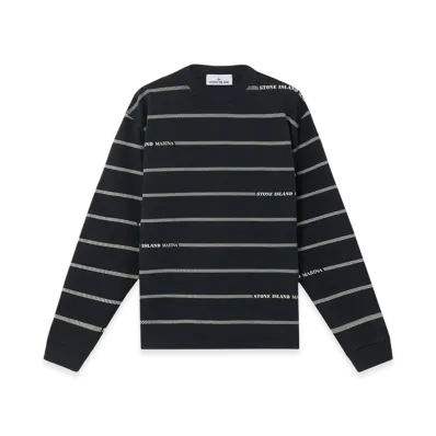 Stone Island 6100030 16/2 Combed Organic Cotton Jersey Stone Island Marina Oversized Fit Crewneck Sweatshirt with Stripes and Lettering - 25SS "Navy Blue"