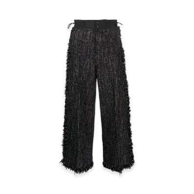 sacai Women's Wool Tweed Wide Pants With Center Crease And Side Fringe "Black"
