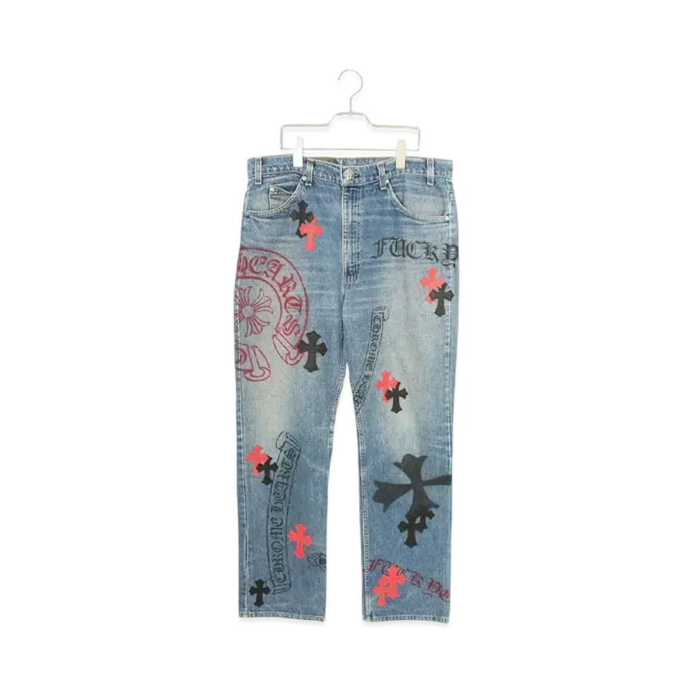 Chrome Hearts Stencil Paint Design Cross Patch Denim Pants "Blue/Black/Red"