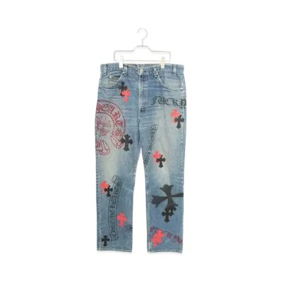 Chrome Hearts Stencil Paint Design Cross Patch Denim Pants "Blue/Black/Red"