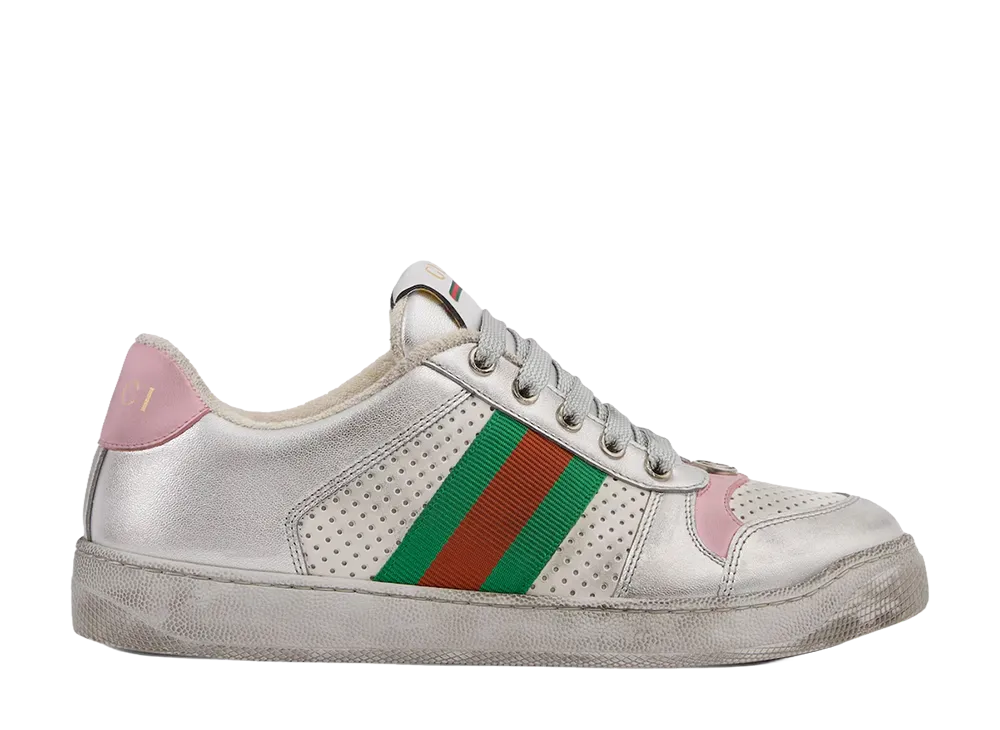 GUCCI Women's Screener Worn-Out Effect Sneaker "Silver Metallic Leather"