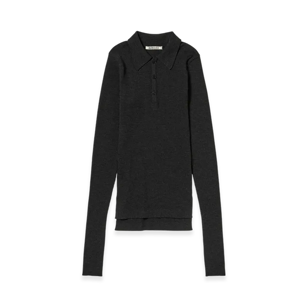 AURALEE Super Fine Wool High Gauge Rib Knit Polo "Top Charcoal"