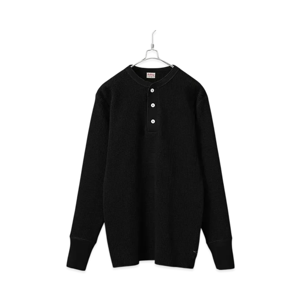 Healthknit Super Heavy Waffle Henley Neck Long Sleeve T-Shirt "Black"
