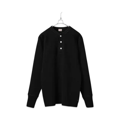 Healthknit Super Heavy Waffle Henley Neck Long Sleeve T-Shirt "Black"