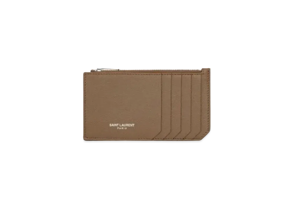 Saint Laurent Fragments Zipped Card Case In Grain De Poudre-Embossed Leather "Dark Wood"