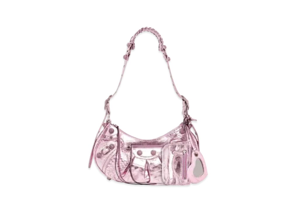 BALENCIAGA Le Cagole Small Shoulder Bag In Metallized Extra Supple Crocodile Embossed Calfskin "Pink"