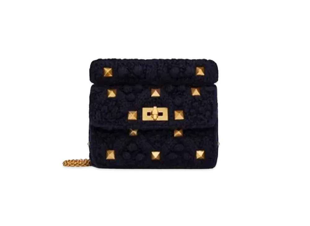 Valentino Medium Roman Stud Cashmere Shoulder Bag With Chain "Marine"