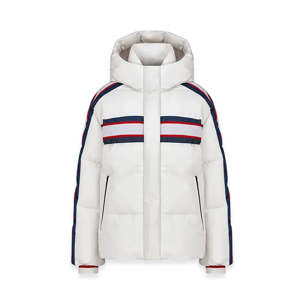 Dior Women's Alps Hooded Puffer Jacket Three Tone Quilted Technical Taffeta Star Motif "White"