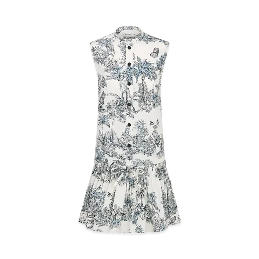 Dior Women's Dioriviera Straight Ruffled Dress Toile de Jouy Palms Cotton and Silk Poplin "White/Blue"
