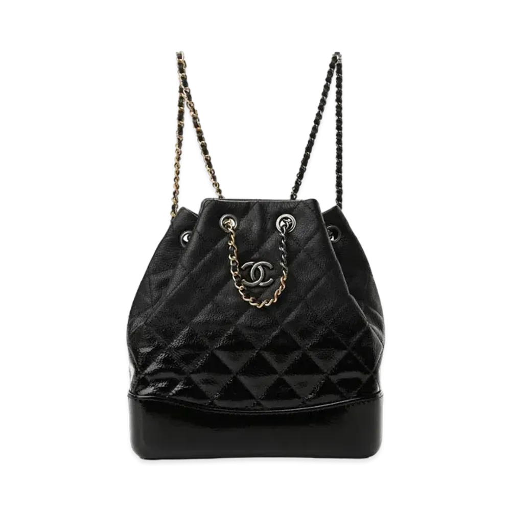 CHANEL Matelasse Gabrielle Drawstring Chain Backpack Patent Goatskin "Black/Silver/Gold"