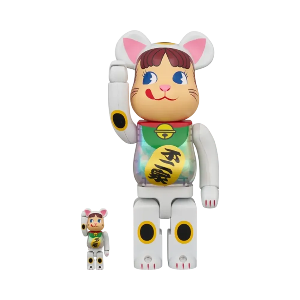 MEDICOM TOY "BEARBRICK" Lucky Cat Peko-Chan White Plated Luminescent Milky 100% & 400%