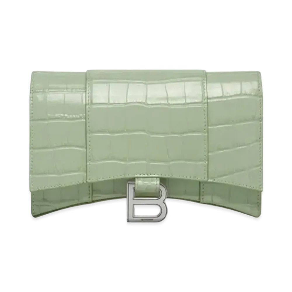 BALENCIAGA Hourglass Wallet With Chain In Shiny Crocodile Embossed Calfskin "Light Green"