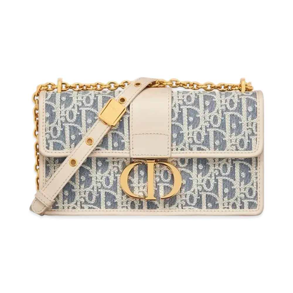 Dior 30 Montaigne East-West Bag with Chain Dior Oblique Chambray with Raffia Effect and Smooth Calfskin "Blue/Light Biscuit"