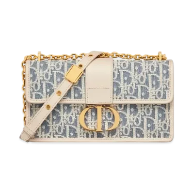 Dior 30 Montaigne East-West Bag with Chain Dior Oblique Chambray with Raffia Effect and Smooth Calfskin "Blue/Light Biscuit"