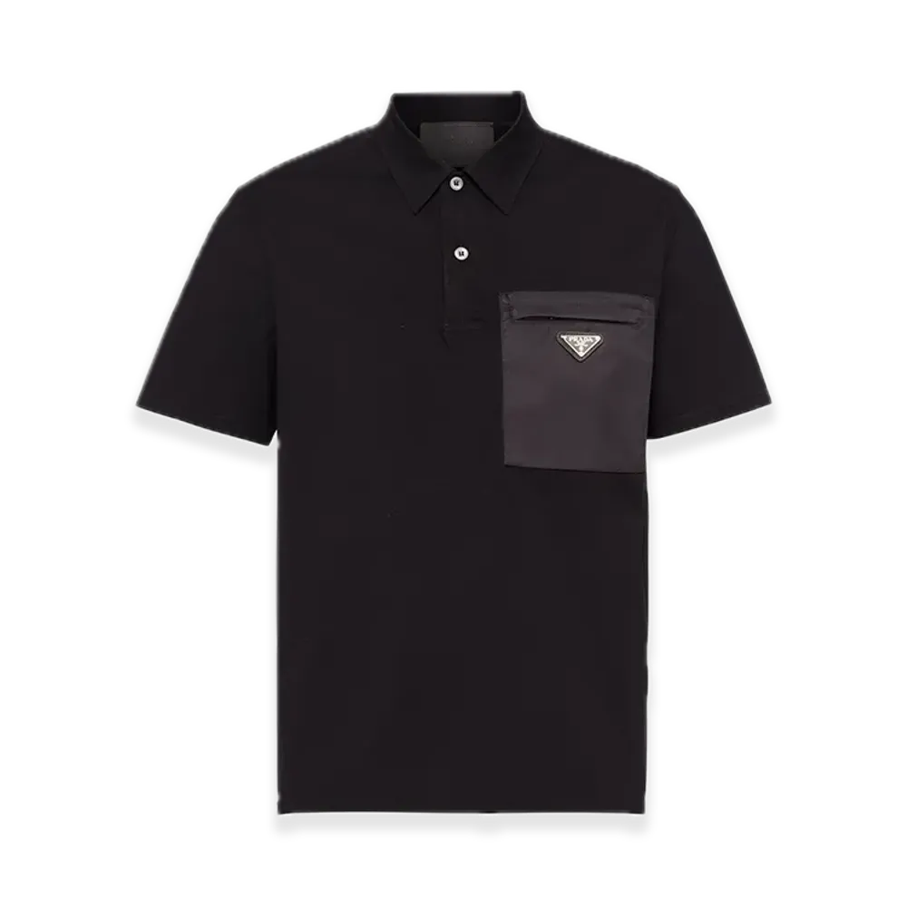 PRADA Stretch Cotton Polo Shirt with Re-Nylon Detail "Black"