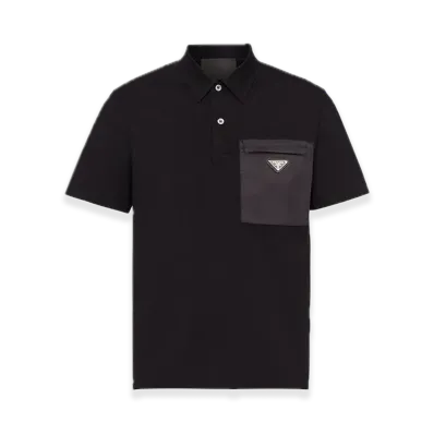 PRADA Stretch Cotton Polo Shirt with Re-Nylon Detail "Black"
