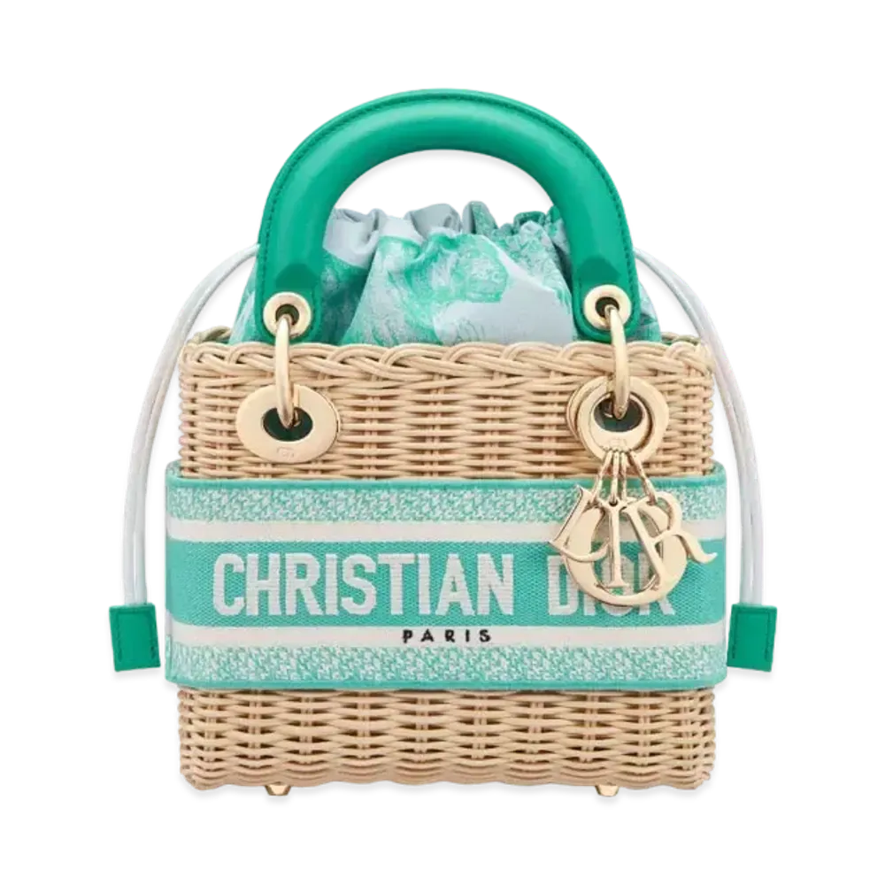 Dior Dioriviera Mini Lady Dior Bag Natural Wicker and Toile De Jouy Jacquard "Aquamarina"