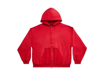BALENCIAGA MENS Tape Type Ripped Pocket Zip Up Hoodie Large Fit "Red"