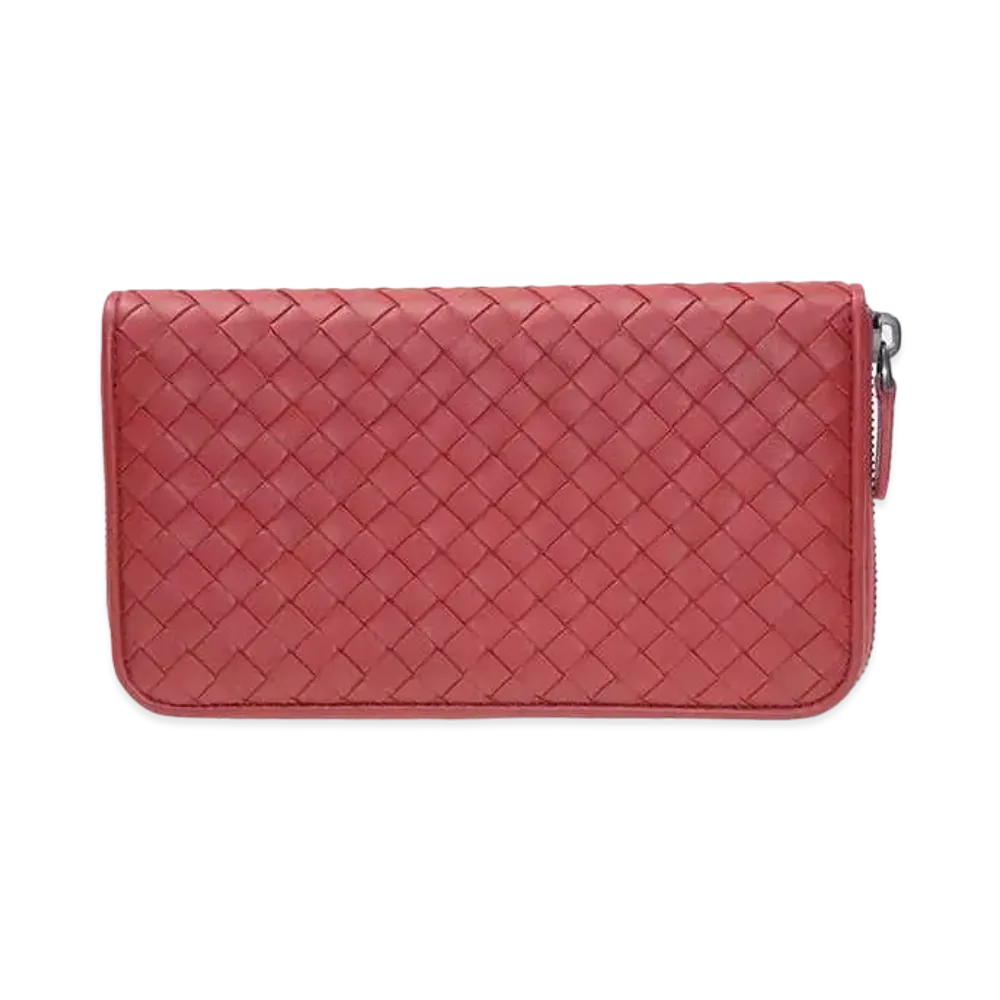 Bottega Veneta Intrecciato Lambskin Zip Around Wallet "Red"
