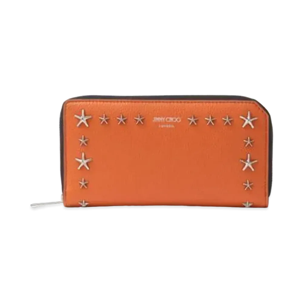 JIMMY CHOO CARNABY/S Soft Grainy Calf Leather Wallet With Star Studs "Amber Orange"