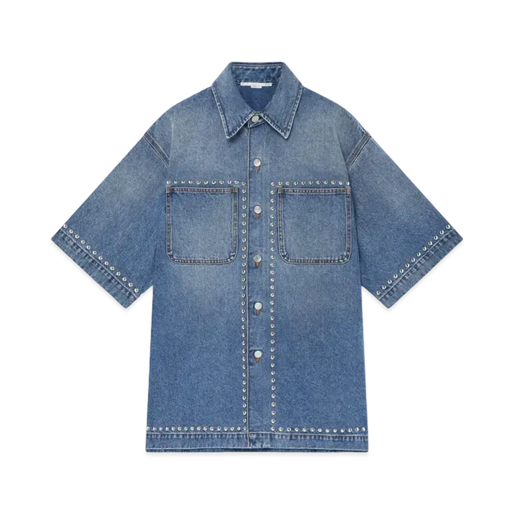 STELLA McCARTNEY Studded Short-Sleeve Denim Shirt "Classic Wash Blue Denim"