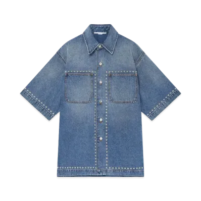 STELLA McCARTNEY Studded Short-Sleeve Denim Shirt "Classic Wash Blue Denim"