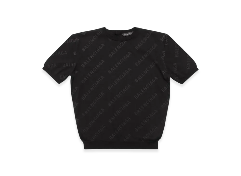 BALENCIAGA Women's Mini Allover Logo Short Sleeve Crop Sweater "Black"