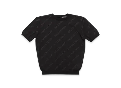 BALENCIAGA Women's Mini Allover Logo Short Sleeve Crop Sweater "Black"