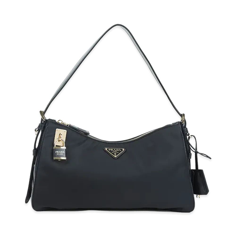 PRADA Women's Aimee Large Re-Nylon And Leather Shoulder Bag With Padlock "Black"