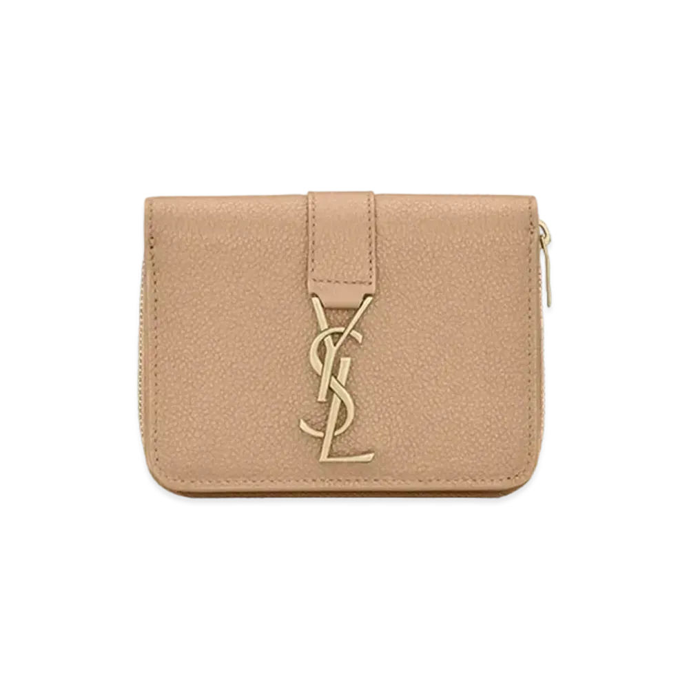 Saint Laurent Ysl Line Compact Zippered Wallet In Grained Leather "Dark Beige"