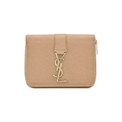 Saint Laurent Ysl Line Compact Zippered Wallet In Grained Leather "Dark Beige"