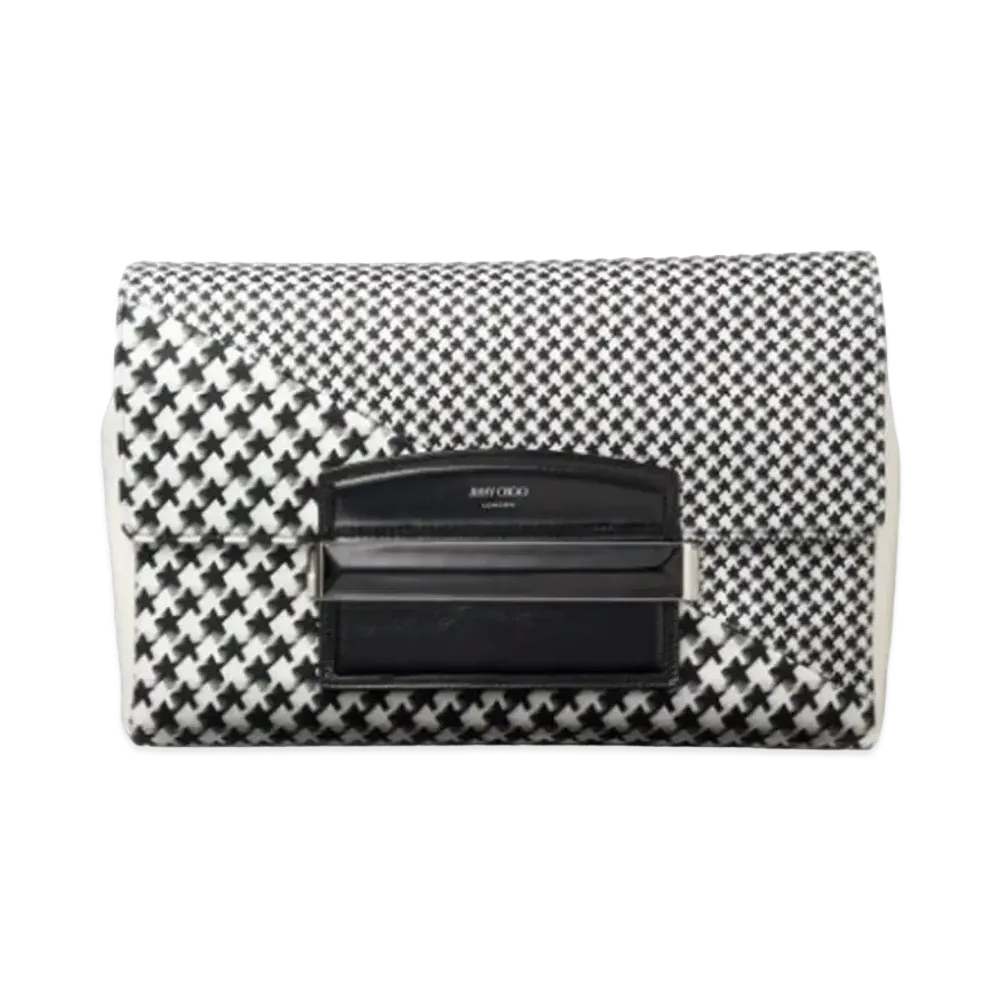 Jimmy Choo Carolina/M Star Houndstooth Printed Wool Handbag With Leather Bar Closure "Latte/Black"