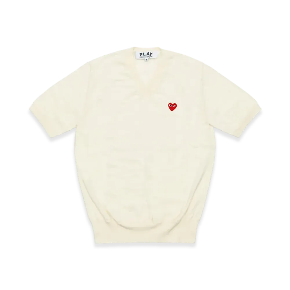 PLAY COMME des GARCONS V-Neck Short Sleeve Sweater With Red Medium Emblem "Off White"