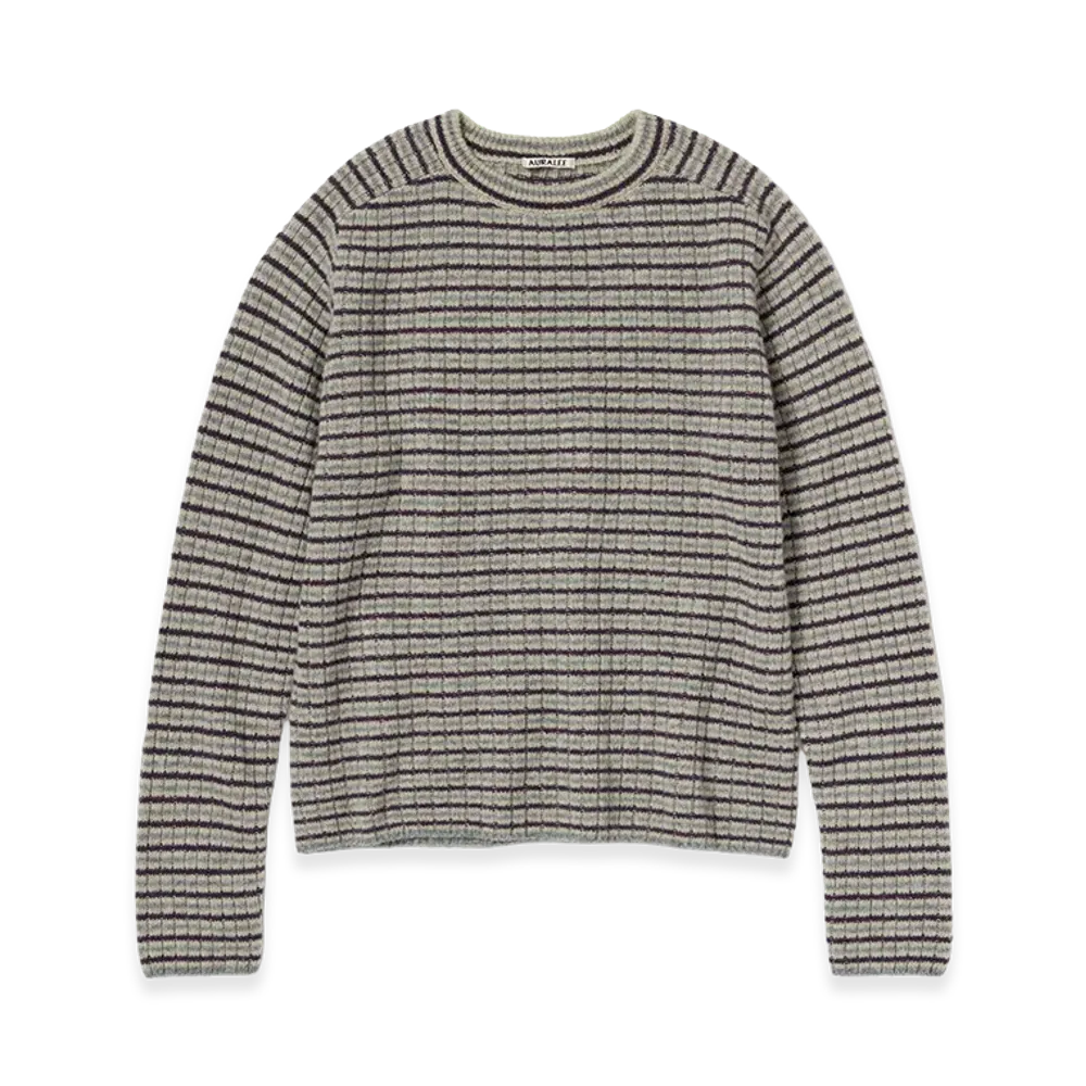 AURALEE Shetland Wool Cashmere Rib Knit P/O "Lime Purple Stripe"