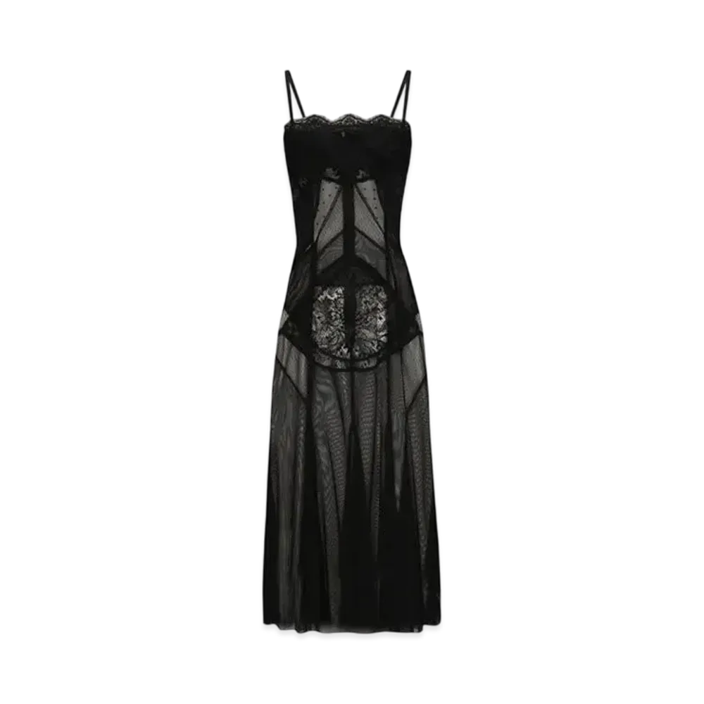 DOLCE&GABBANA Tulle Mesh and Lace Calf-Length Slip Dress "Black"