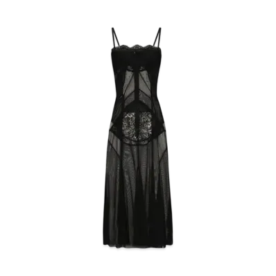 DOLCE&GABBANA Tulle Mesh and Lace Calf-Length Slip Dress "Black"