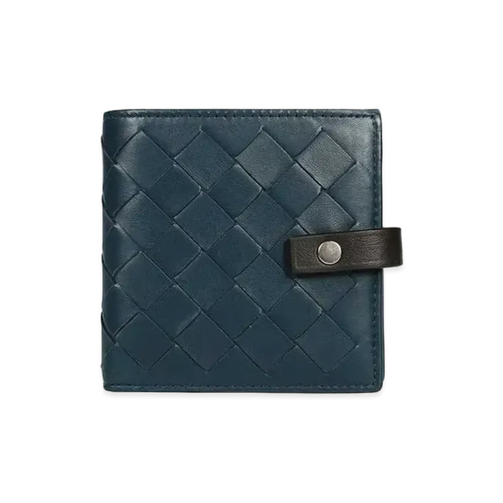 Bottega Veneta Intrecciato Lambskin Calfskin Bi-fold Compact Wallet "Deep Blue"