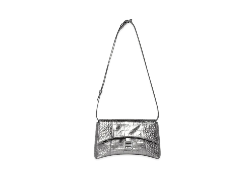 BALENCIAGA Downtown XS Shoulder Bag In Metallized Extra Supple Crocodile Embossed Calfskin "Silver"