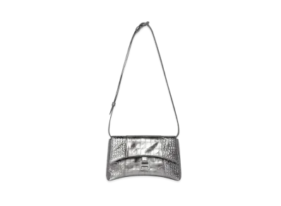 BALENCIAGA Downtown XS Shoulder Bag In Metallized Extra Supple Crocodile Embossed Calfskin "Silver"